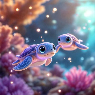 The primary subject of the image is a pair of cartoon turtles, each with a distinctive purple color. They are flying through a vibrant, colorful underwater environment, which includes a variety of pink and purple hues. The setting is a lively, imaginative scene that showcases the turtles' adventurous spirit. The visual style of the image is a combination of digital art and illustration, creating a whimsical and engaging atmosphere.